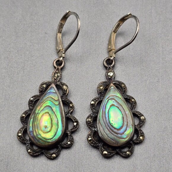 VTG MC Sterling Silver Abalone Dangle Earrings 1.5" Drop Floral Marcasite Frame - Picture 1 of 8